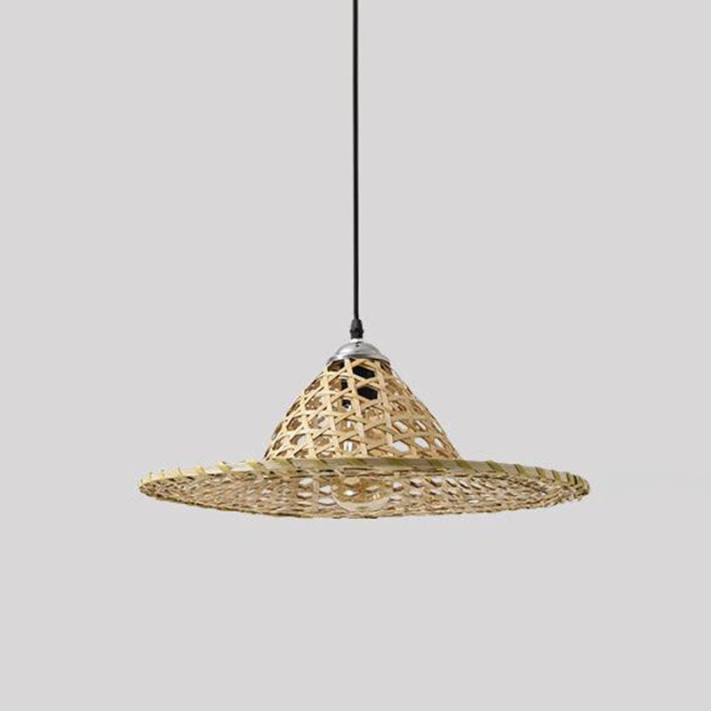 Wood Straw Hat Shaped Pendant Lamp Asian Style 1 Bulb Bamboo Hanging Light Fixture Wood G Clearhalo 'Ceiling Lights' 'Modern Pendants' 'Modern' 'Pendant Lights' 'Pendants' Lighting' 2044304