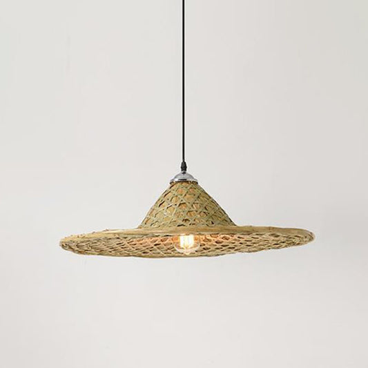 Wood Straw Hat Shaped Pendant Lamp Asian Style 1 Bulb Bamboo Hanging Light Fixture Wood H Clearhalo 'Ceiling Lights' 'Modern Pendants' 'Modern' 'Pendant Lights' 'Pendants' Lighting' 2044305