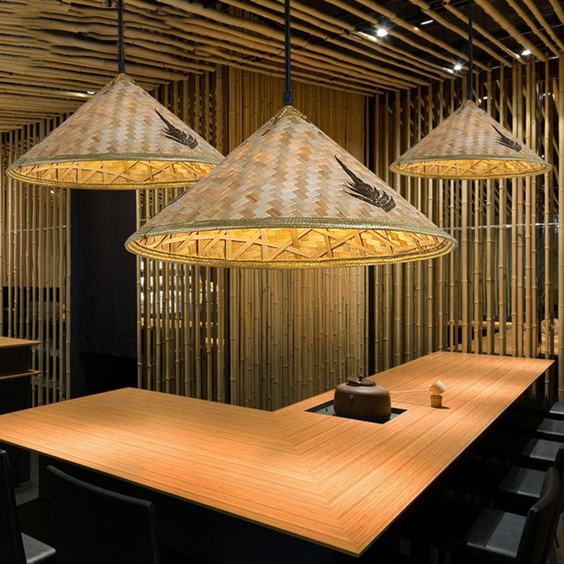 Bamboo Coolie Hat Pendant Lighting Asia Single-Bulb Wood Ceiling Hang Light for Restaurant Clearhalo 'Ceiling Lights' 'Modern Pendants' 'Modern' 'Pendant Lights' 'Pendants' Lighting' 2044308