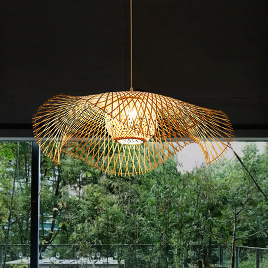 Floppy Hat Bamboo Woven Pendant Asian 1 Bulb Wood Hanging Ceiling Light over Table Wood Clearhalo 'Ceiling Lights' 'Modern Pendants' 'Modern' 'Pendant Lights' 'Pendants' Lighting' 2044325