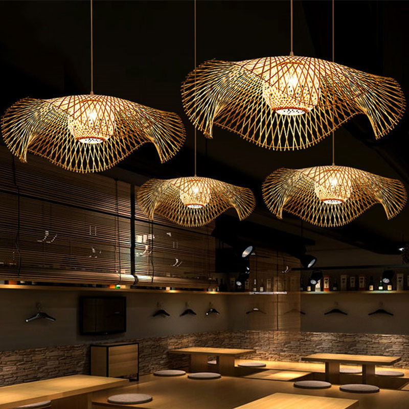 Floppy Hat Bamboo Woven Pendant Asian 1 Bulb Wood Hanging Ceiling Light over Table Clearhalo 'Ceiling Lights' 'Modern Pendants' 'Modern' 'Pendant Lights' 'Pendants' Lighting' 2044326