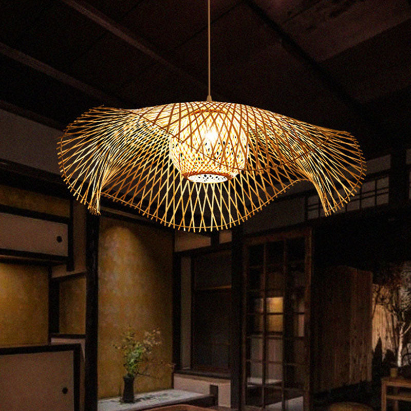 Floppy Hat Bamboo Woven Pendant Asian 1 Bulb Wood Hanging Ceiling Light over Table Clearhalo 'Ceiling Lights' 'Modern Pendants' 'Modern' 'Pendant Lights' 'Pendants' Lighting' 2044327