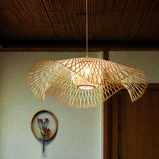 Floppy Hat Bamboo Woven Pendant Asian 1 Bulb Wood Hanging Ceiling Light over Table Clearhalo 'Ceiling Lights' 'Modern Pendants' 'Modern' 'Pendant Lights' 'Pendants' Lighting' 2044328