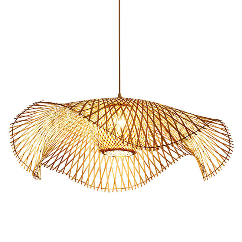 Floppy Hat Bamboo Woven Pendant Asian 1 Bulb Wood Hanging Ceiling Light over Table Clearhalo 'Ceiling Lights' 'Modern Pendants' 'Modern' 'Pendant Lights' 'Pendants' Lighting' 2044329