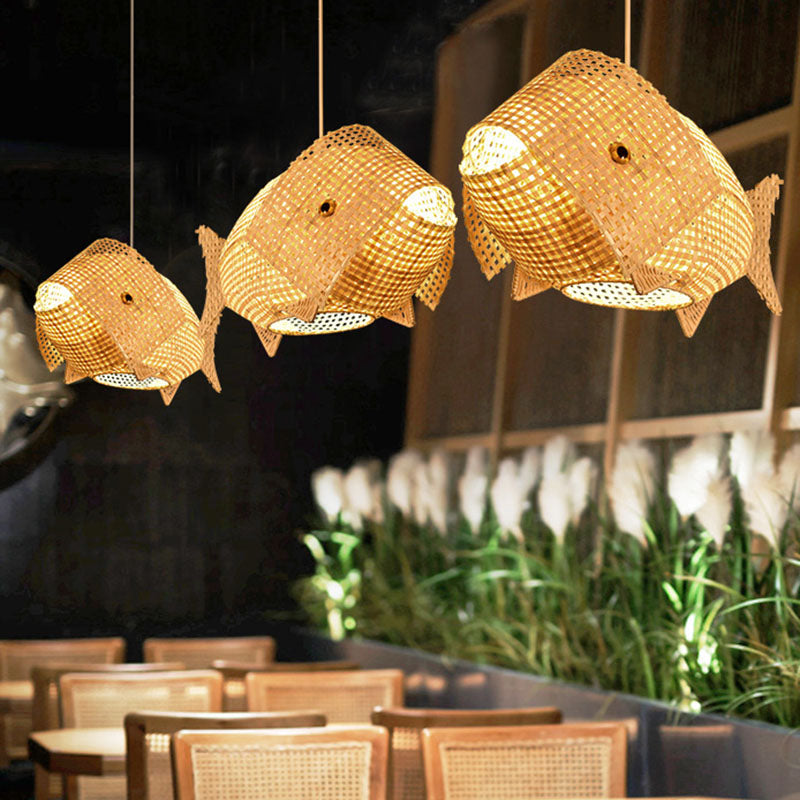 Fish Shaped Restaurant Hanging Light Bamboo 1 Head Asian Ceiling Pendant in Wood Clearhalo 'Ceiling Lights' 'Pendant Lights' 'Pendants' Lighting' 2044349