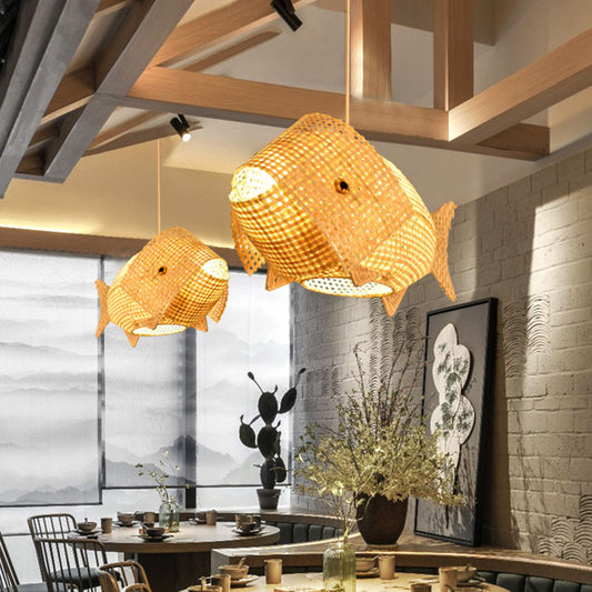 Fish Shaped Restaurant Hanging Light Bamboo 1 Head Asian Ceiling Pendant in Wood Clearhalo 'Ceiling Lights' 'Pendant Lights' 'Pendants' Lighting' 2044351