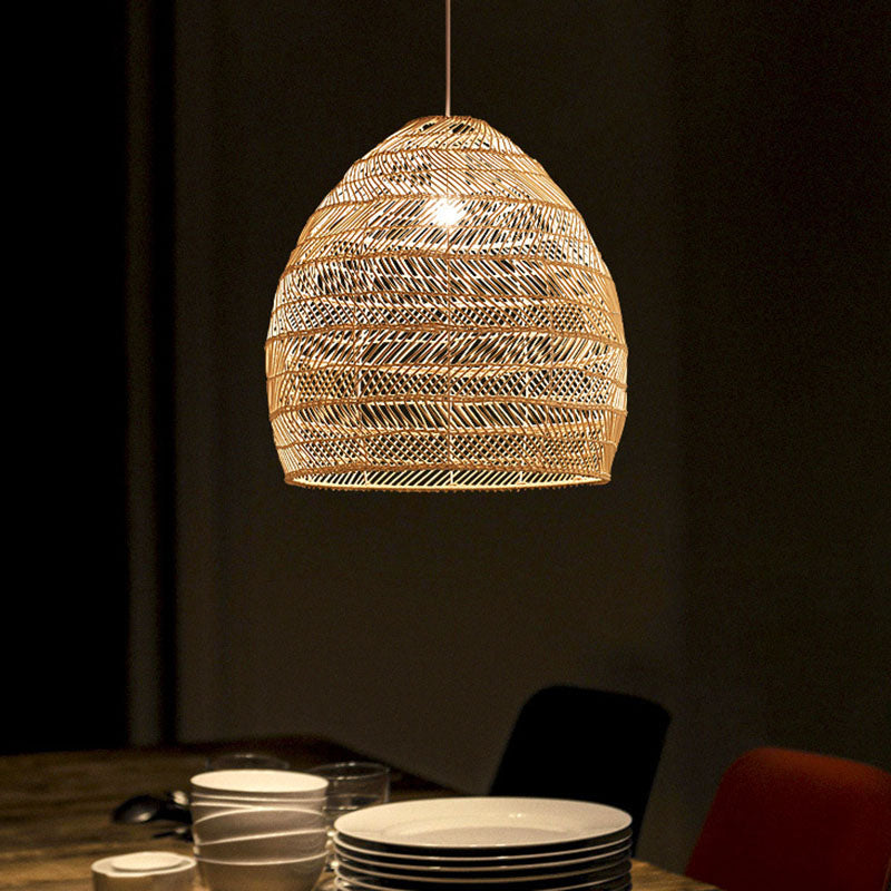 Rattan Cloche Pendant Ceiling Light Asian Single-Bulb Suspension Lighting over Dining Table Clearhalo 'Ceiling Lights' 'Pendant Lights' 'Pendants' Lighting' 2044397