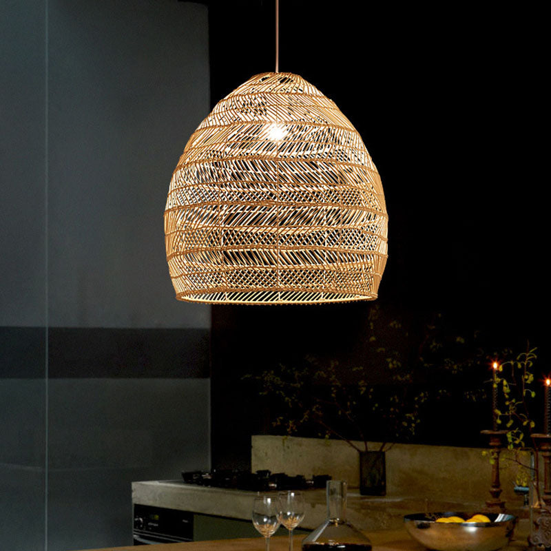 Rattan Cloche Pendant Ceiling Light Asian Single-Bulb Suspension Lighting over Dining Table Clearhalo 'Ceiling Lights' 'Pendant Lights' 'Pendants' Lighting' 2044398