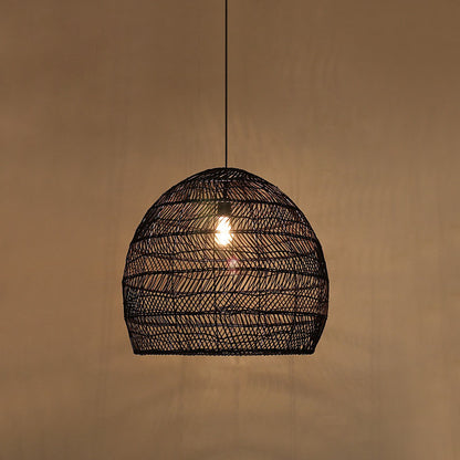 Rattan Cloche Pendant Ceiling Light Asian Single-Bulb Suspension Lighting over Dining Table Black 14" Clearhalo 'Ceiling Lights' 'Pendant Lights' 'Pendants' Lighting' 2044406_3e502276-627b-4bc6-9295-6a89e5bd5699
