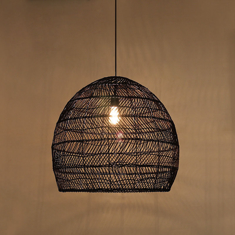 Rattan Cloche Pendant Ceiling Light Asian Single-Bulb Suspension Lighting over Dining Table Black 23.5" Clearhalo 'Ceiling Lights' 'Pendant Lights' 'Pendants' Lighting' 2044409_fc33fce7-b470-4544-b21c-e95b5a3574c5