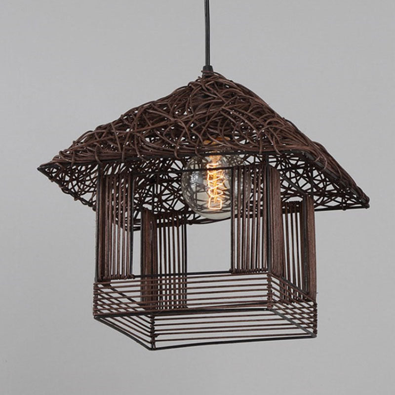 Rattan Woven House Shaped Pendant Country Style Single-Bulb Hanging Ceiling Light Coffee Clearhalo 'Ceiling Lights' 'Pendant Lights' 'Pendants' Lighting' 2044557_0e533cd5-ba8f-4d01-a317-0e89771fd137