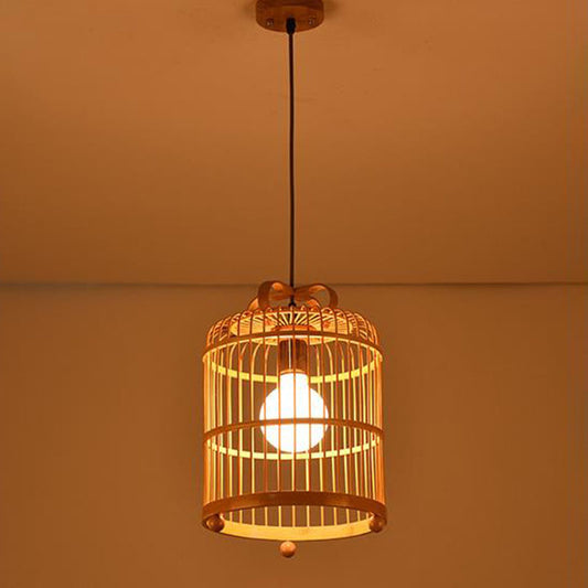 Handcrafted Bird Cage Pendulum Light Chinese Bamboo 1 Bulb Wood Down Lighting Pendant Clearhalo 'Ceiling Lights' 'Pendant Lights' 'Pendants' Lighting' 2044561