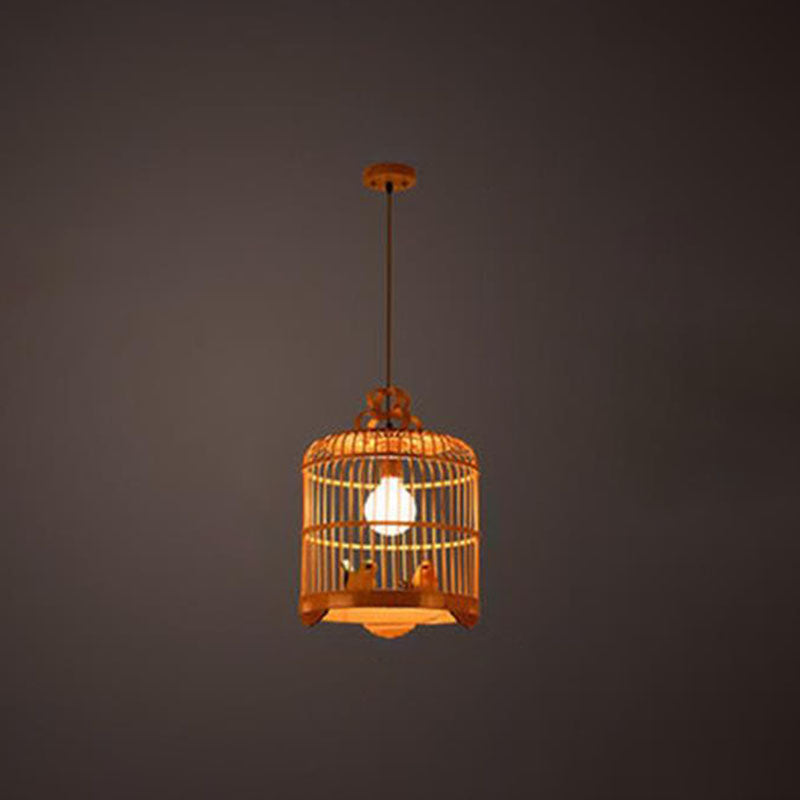 Handcrafted Bird Cage Pendulum Light Chinese Bamboo 1 Bulb Wood Down Lighting Pendant Clearhalo 'Ceiling Lights' 'Pendant Lights' 'Pendants' Lighting' 2044562