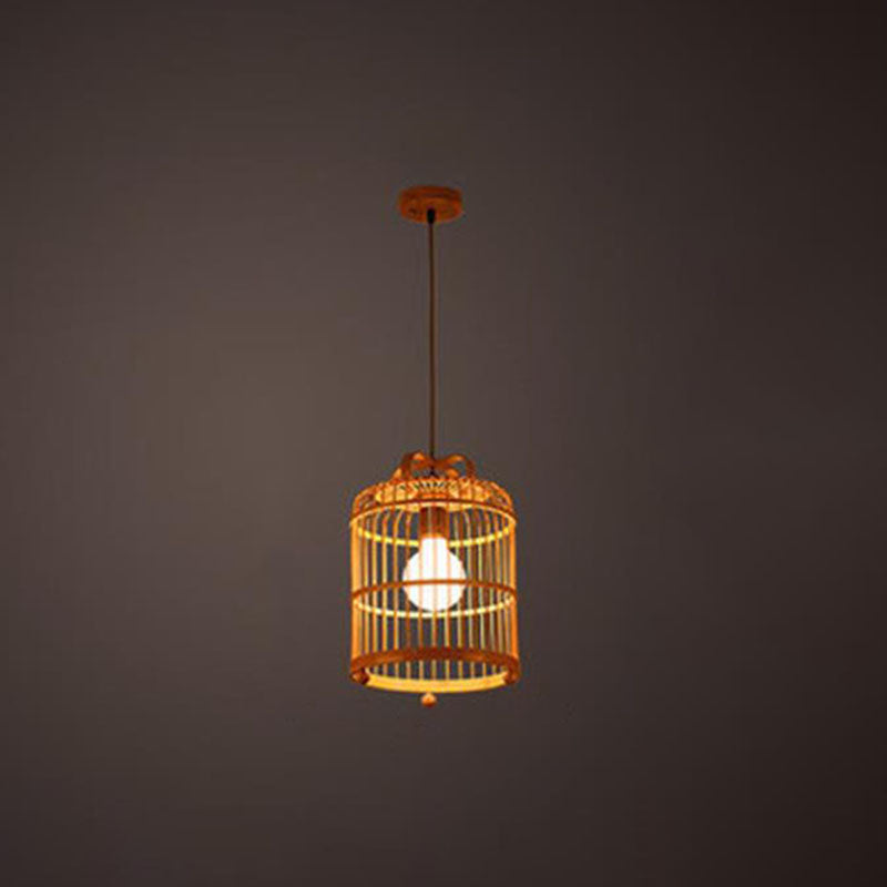 Handcrafted Bird Cage Pendulum Light Chinese Bamboo 1 Bulb Wood Down Lighting Pendant Clearhalo 'Ceiling Lights' 'Pendant Lights' 'Pendants' Lighting' 2044563