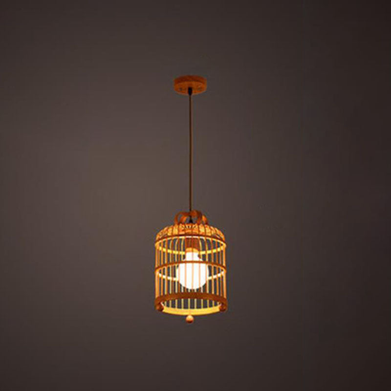 Handcrafted Bird Cage Pendulum Light Chinese Bamboo 1 Bulb Wood Down Lighting Pendant Clearhalo 'Ceiling Lights' 'Pendant Lights' 'Pendants' Lighting' 2044564