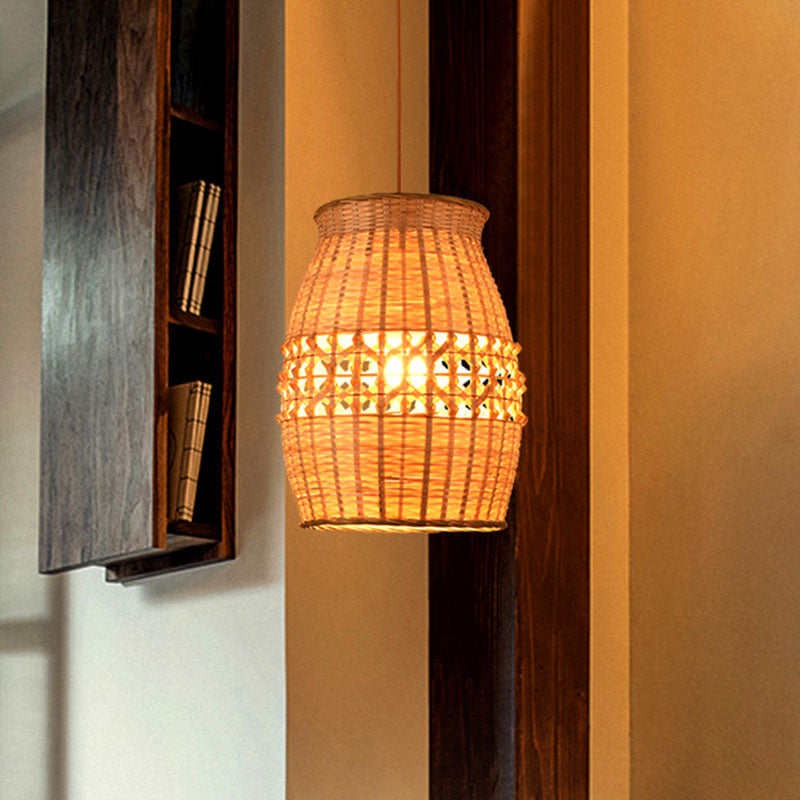 Bamboo Jar Shaped Pendulum Light Asian 1-Light Wood Woven Ceiling Hang Lamp Fixture Wood Clearhalo 'Ceiling Lights' 'Pendant Lights' 'Pendants' Lighting' 2044617_bf1553b0-47cf-44c1-9aba-54ce09141431