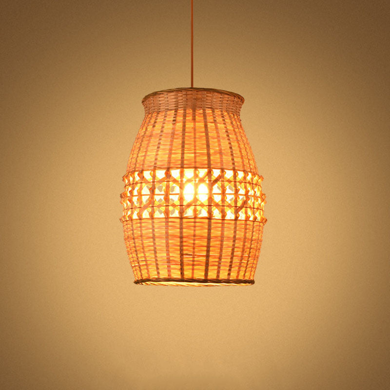 Bamboo Jar Shaped Pendulum Light Asian 1-Light Wood Woven Ceiling Hang Lamp Fixture Clearhalo 'Ceiling Lights' 'Pendant Lights' 'Pendants' Lighting' 2044618