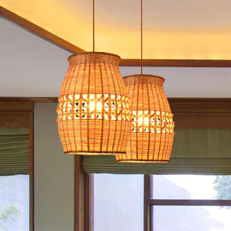 Bamboo Jar Shaped Pendulum Light Asian 1-Light Wood Woven Ceiling Hang Lamp Fixture Clearhalo 'Ceiling Lights' 'Pendant Lights' 'Pendants' Lighting' 2044619