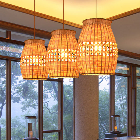 Bamboo Jar Shaped Pendulum Light Asian 1-Light Wood Woven Ceiling Hang Lamp Fixture Clearhalo 'Ceiling Lights' 'Pendant Lights' 'Pendants' Lighting' 2044620