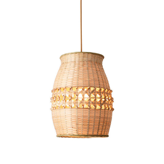 Bamboo Jar Shaped Pendulum Light Asian 1-Light Wood Woven Ceiling Hang Lamp Fixture Clearhalo 'Ceiling Lights' 'Pendant Lights' 'Pendants' Lighting' 2044621