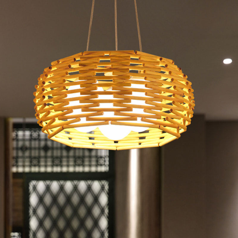 Wood Bird Nest Ceiling Chandelier Asian Bamboo Hanging Pendant Light with Egg Opal Glass Shade Clearhalo 'Ceiling Lights' 'Chandeliers' Lighting' options 2044673