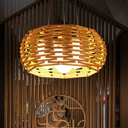 Wood Bird Nest Ceiling Chandelier Asian Bamboo Hanging Pendant Light with Egg Opal Glass Shade Clearhalo 'Ceiling Lights' 'Chandeliers' Lighting' options 2044674