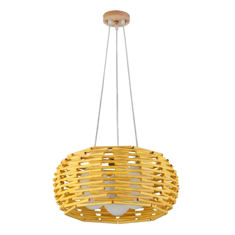 Wood Bird Nest Ceiling Chandelier Asian Bamboo Hanging Pendant Light with Egg Opal Glass Shade Clearhalo 'Ceiling Lights' 'Chandeliers' Lighting' options 2044675