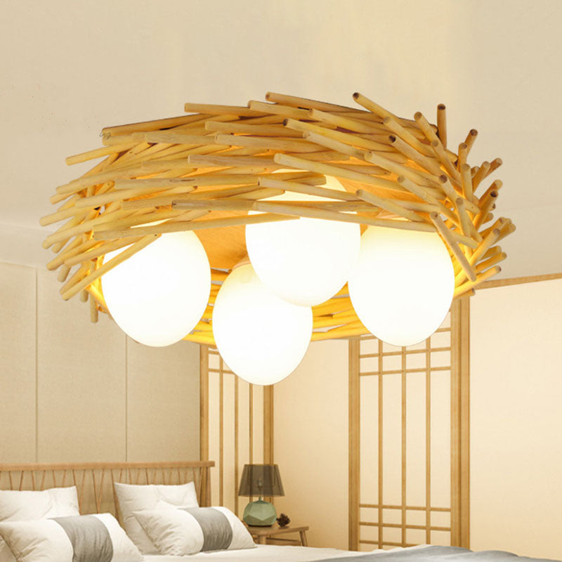 Wood Bird Nest Ceiling Chandelier Asian Bamboo Hanging Pendant Light with Egg Opal Glass Shade Clearhalo 'Ceiling Lights' 'Chandeliers' Lighting' options 2044676