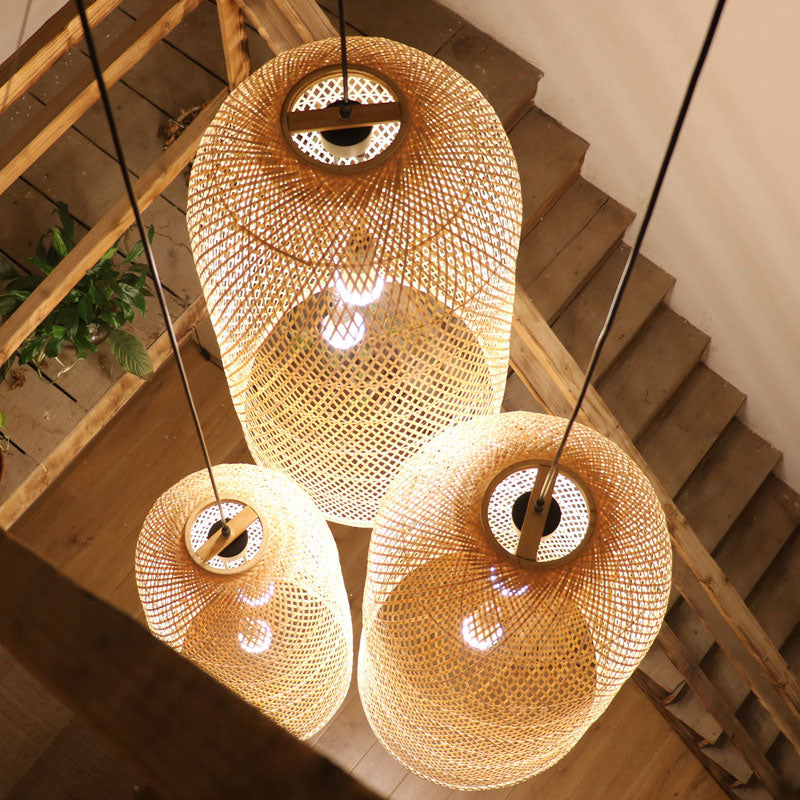Bamboo Elongated Pendant Chandelier Asian 2 Lights Wood Drop Lamp