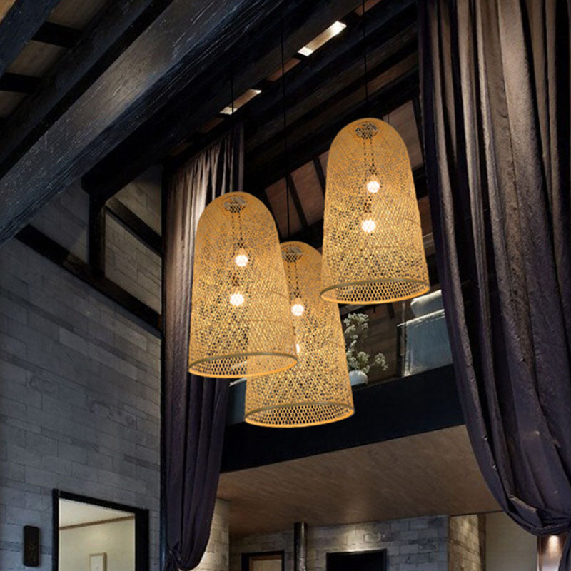 Bamboo Elongated Pendant Chandelier Asian 2 Lights Wood Drop Lamp for Living Room Clearhalo 'Ceiling Lights' 'Chandeliers' Lighting' options 2044679