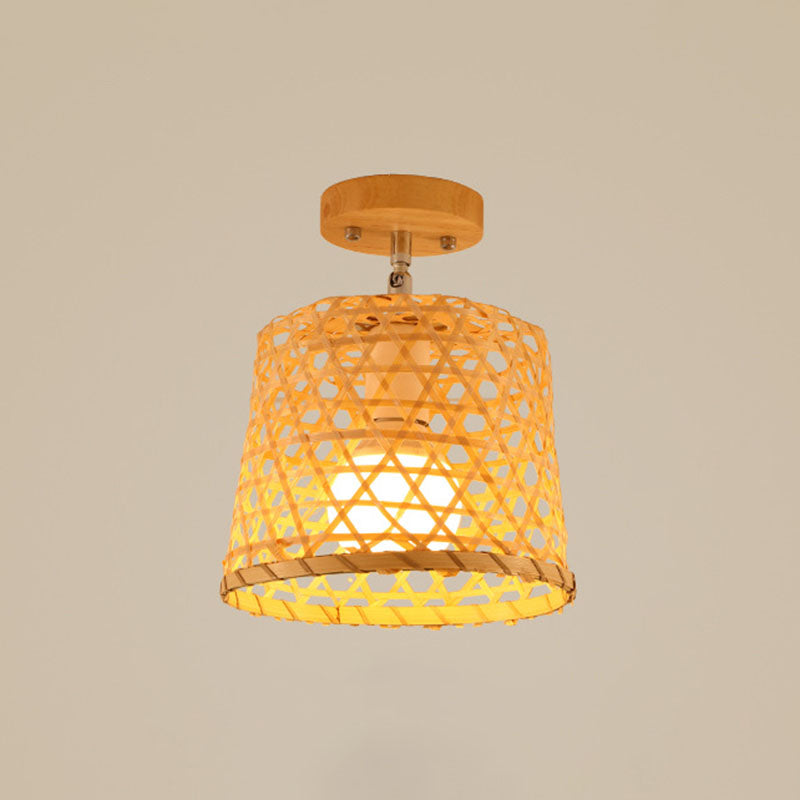 Geometric Semi Flush Mount Light Asian Bamboo Single Aisle Ceiling Flush Lamp in Wood Wood A Clearhalo 'Ceiling Lights' 'Close To Ceiling Lights' 'Close to ceiling' 'Semi-flushmount' Lighting' 2044695