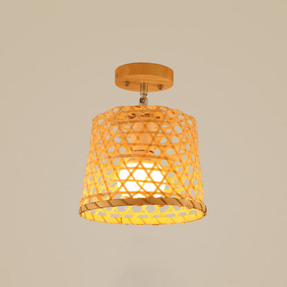 Geometric Semi Flush Mount Light Asian Bamboo Single Aisle Ceiling Flush Lamp in Wood Wood A Clearhalo 'Ceiling Lights' 'Close To Ceiling Lights' 'Close to ceiling' 'Semi-flushmount' Lighting' 2044695