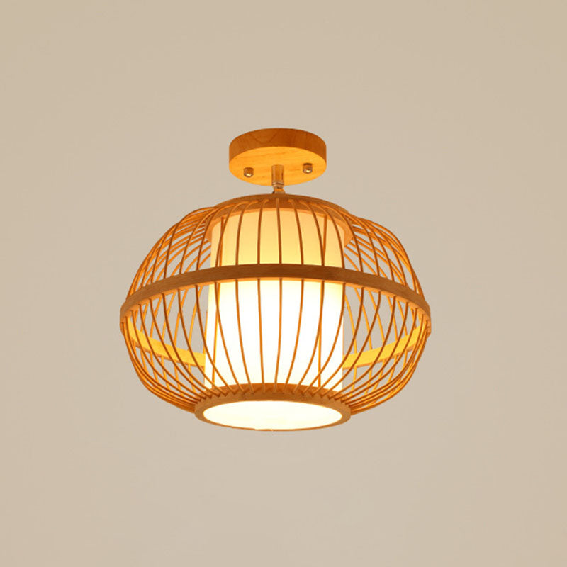 Geometric Semi Flush Mount Light Asian Bamboo Single Aisle Ceiling Flush Lamp in Wood Wood E Clearhalo 'Ceiling Lights' 'Close To Ceiling Lights' 'Close to ceiling' 'Semi-flushmount' Lighting' 2044700