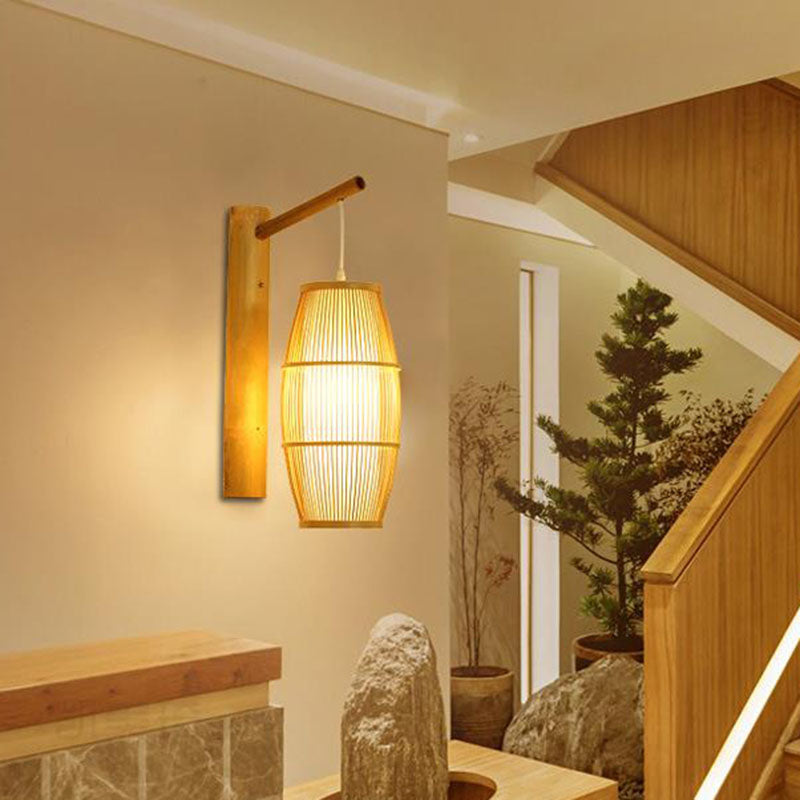 Geometric Shape Wall Light Fixture Asian Bamboo 1-Light Wood Wall Lamp for Bedroom Wood C Clearhalo 'Wall Lamps & Sconces' 'Wall Lights' Lighting' 2044711