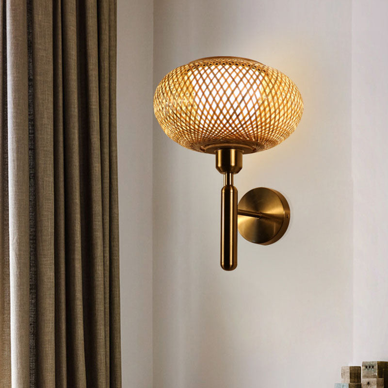 Bamboo Criss-Cross Woven Wall Lantern Chinese Style 1 Bulb Wood Wall Mounted Light Fixture Wood F Clearhalo 'Wall Lamps & Sconces' 'Wall Lights' Lighting' 2044719