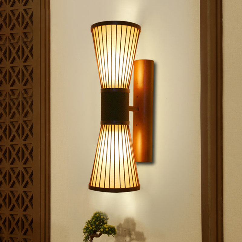1 Head Corridor Wall Light Asian Wood Wall Sconce Lighting with Hourglass Bamboo Shade Clearhalo 'Wall Lamps & Sconces' 'Wall Lights' Lighting' 2044735