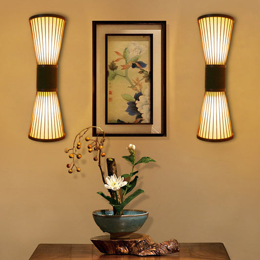 1 Head Corridor Wall Light Asian Wood Wall Sconce Lighting with Hourglass Bamboo Shade Clearhalo 'Wall Lamps & Sconces' 'Wall Lights' Lighting' 2044736