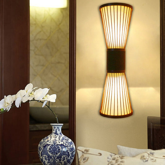 1 Head Corridor Wall Light Asian Wood Wall Sconce Lighting with Hourglass Bamboo Shade Clearhalo 'Wall Lamps & Sconces' 'Wall Lights' Lighting' 2044738