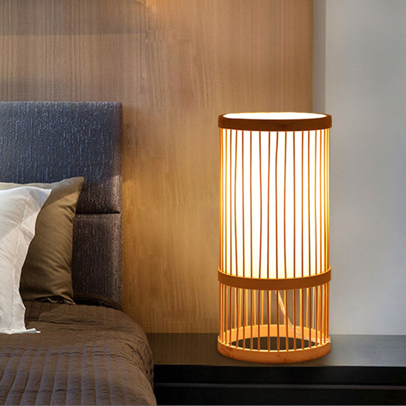 Asian Style Woven Shade Nightstand Light Bamboo 1 Bulb Bedside Table Lamp in Wood Wood A Clearhalo 'Lamps' 'Table Lamps' Lighting' 2044739