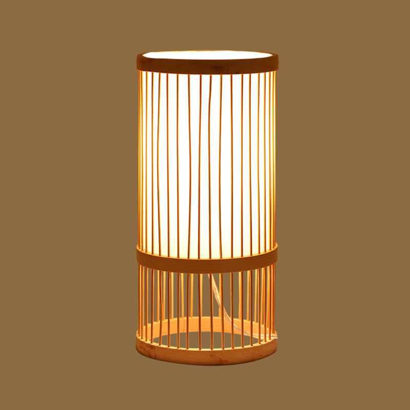 Asian Style Woven Shade Nightstand Light Bamboo 1 Bulb Bedside Table Lamp in Wood Clearhalo 'Lamps' 'Table Lamps' Lighting' 2044740