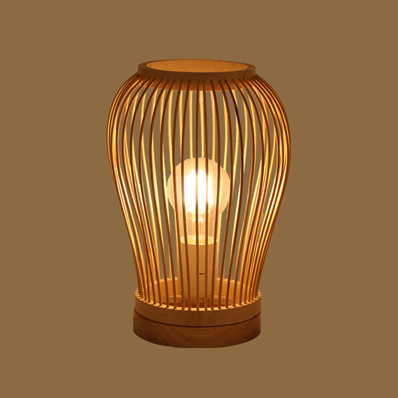 Asian Style Woven Shade Nightstand Light Bamboo 1 Bulb Bedside Table Lamp in Wood Clearhalo 'Lamps' 'Table Lamps' Lighting' 2044743