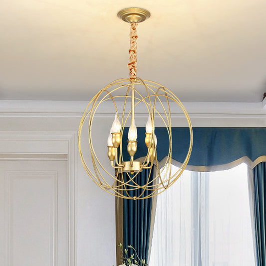 Globe Cage Metal Candle Chandelier Industrial 5 Bulb Dining Room Pendant Chandelier in Gold Clearhalo 'Cast Iron' 'Ceiling Lights' 'Chandeliers' 'Industrial Chandeliers' 'Industrial' 'Metal' 'Middle Century Chandeliers' 'Rustic Chandeliers' 'Tiffany' Lighting' 204554