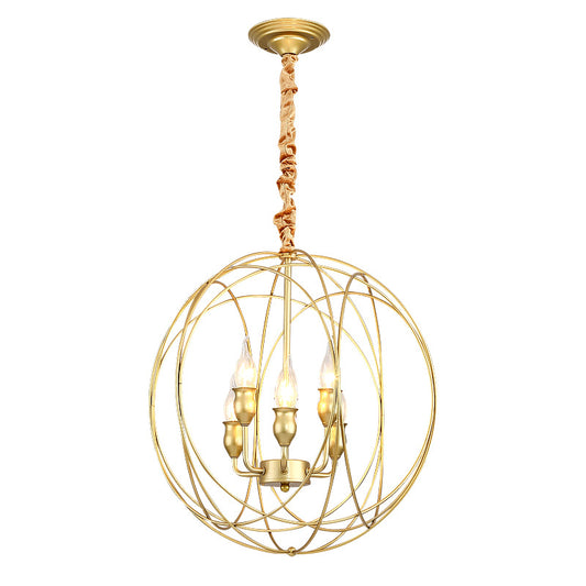 Globe Cage Metal Candle Chandelier Industrial 5 Bulb Dining Room Pendant Chandelier in Gold Clearhalo 'Cast Iron' 'Ceiling Lights' 'Chandeliers' 'Industrial Chandeliers' 'Industrial' 'Metal' 'Middle Century Chandeliers' 'Rustic Chandeliers' 'Tiffany' Lighting' 204555