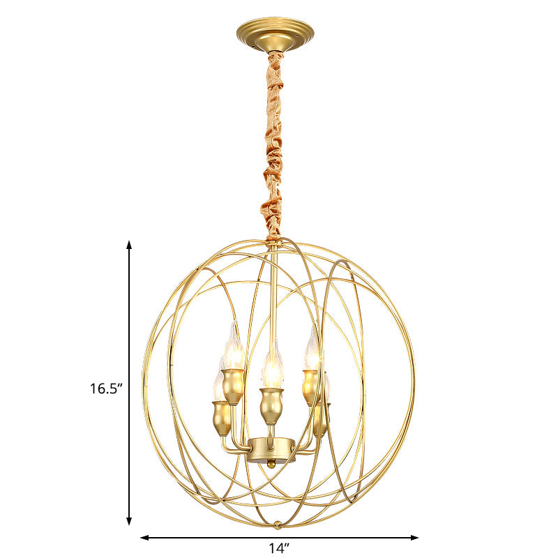 Globe Cage Metal Candle Chandelier Industrial 5 Bulb Dining Room Pendant Chandelier in Gold Clearhalo 'Cast Iron' 'Ceiling Lights' 'Chandeliers' 'Industrial Chandeliers' 'Industrial' 'Metal' 'Middle Century Chandeliers' 'Rustic Chandeliers' 'Tiffany' Lighting' 204556