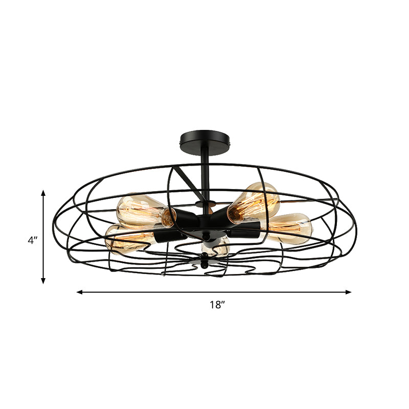 Fan Shaped Iron Ceiling Light with Wire Cage Shade Vintage 5 Lights Living Room Semi Flush Mount Light in Rust/Black Clearhalo 'Ceiling Lights' 'Close To Ceiling Lights' 'Close to ceiling' 'Semi-flushmount' Lighting' 204557