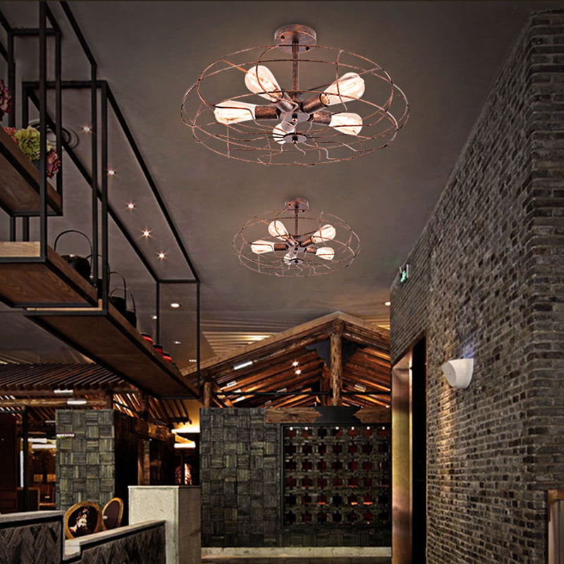 Fan Shaped Iron Ceiling Light with Wire Cage Shade Vintage 5 Lights Living Room Semi Flush Mount Light in Rust/Black Clearhalo 'Ceiling Lights' 'Close To Ceiling Lights' 'Close to ceiling' 'Semi-flushmount' Lighting' 204559