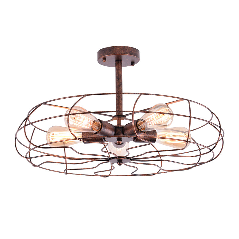 Fan Shaped Iron Ceiling Light with Wire Cage Shade Vintage 5 Lights Living Room Semi Flush Mount Light in Rust/Black Clearhalo 'Ceiling Lights' 'Close To Ceiling Lights' 'Close to ceiling' 'Semi-flushmount' Lighting' 204561
