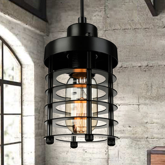 1 Head Pendant Light Industrial Cylinder Cage Shade Metallic Ceiling Light Fixture in Matte Black/Rust over Table Black Clearhalo 'Art Deco Pendants' 'Black' 'Cast Iron' 'Ceiling Lights' 'Ceramic' 'Crystal' 'Industrial Pendants' 'Industrial' 'Metal' 'Middle Century Pendants' 'Pendant Lights' 'Pendants' 'Rustic Pendants' 'Tiffany' Lighting' 20456