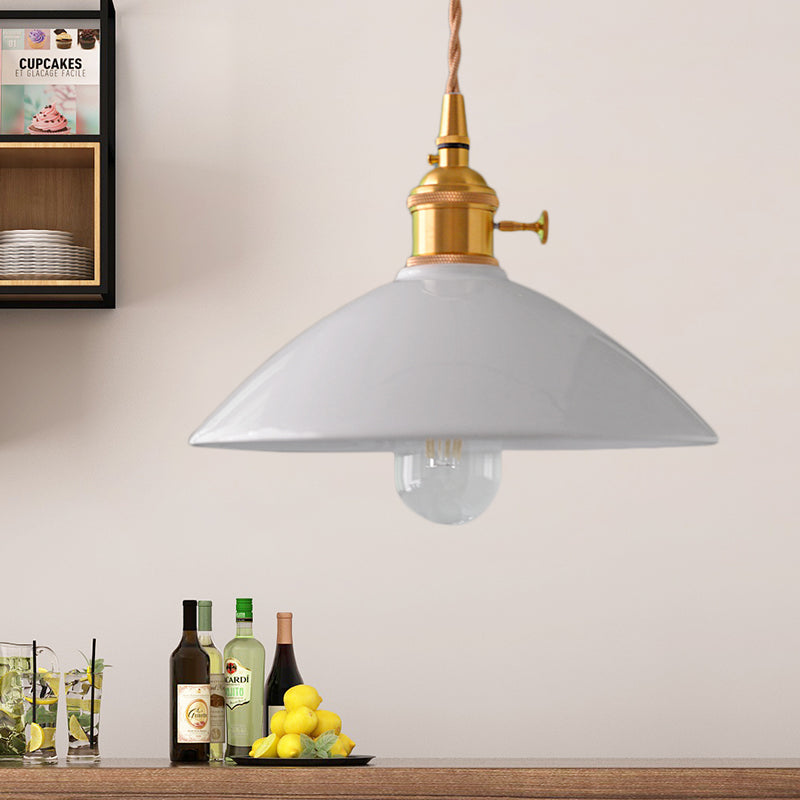 Dome Shade Iron Pendant Light Fixture Vintage Single Light Restaurant Hanging Ceiling Light in White/Pink/Blue White Clearhalo 'Art Deco Pendants' 'Cast Iron' 'Ceiling Lights' 'Ceramic' 'Crystal' 'Industrial Pendants' 'Industrial' 'Metal' 'Middle Century Pendants' 'Pendant Lights' 'Pendants' 'Tiffany' Lighting' 204596