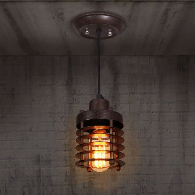 1 Head Pendant Light Industrial Cylinder Cage Shade Metallic Ceiling Light Fixture in Matte Black/Rust over Table Rust Clearhalo 'Art Deco Pendants' 'Black' 'Cast Iron' 'Ceiling Lights' 'Ceramic' 'Crystal' 'Industrial Pendants' 'Industrial' 'Metal' 'Middle Century Pendants' 'Pendant Lights' 'Pendants' 'Rustic Pendants' 'Tiffany' Lighting' 20462